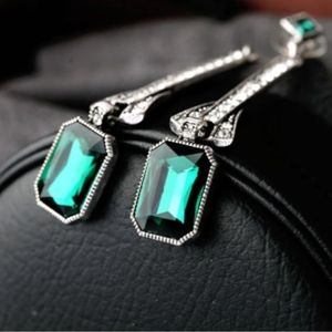 Art Deco Antique Vintage Flapper Style Green Emerald Rhinestone Long earrings